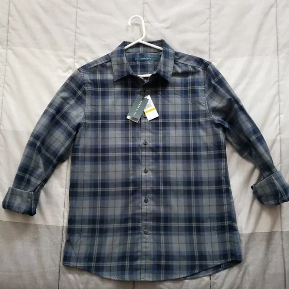 Perry Ellis Untucked Shirt Dark Sapphire Mens Medium Flannel Shirt $79MSRP - Picture 2 of 6